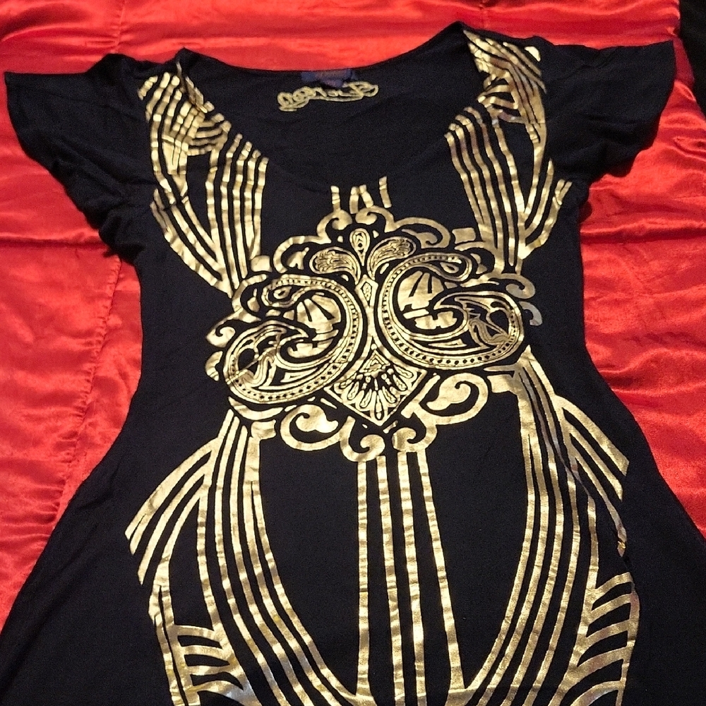 Dereon Black and Gold Flutter Sleeve Bodycon Dress